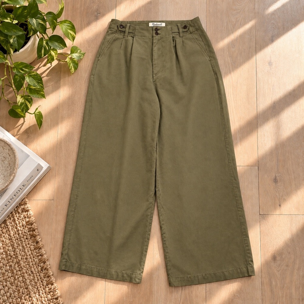 Madewell Olive Green Pleated Wide Leg Pants High Rise Trouser Autumn Chic Size 8